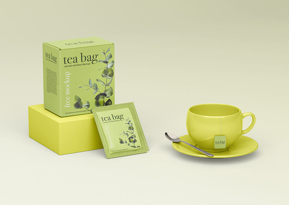 free tea bag sachet mockup with box