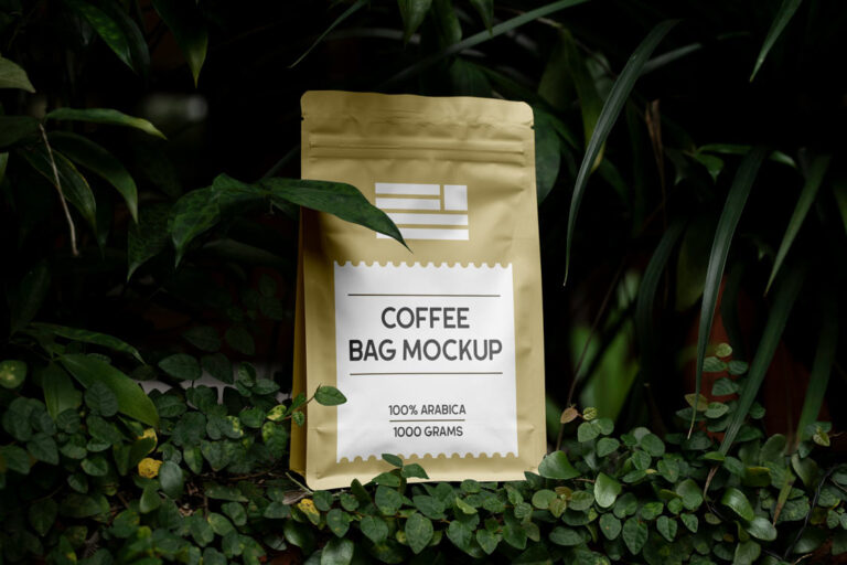 stand up coffee bag mockup in plants