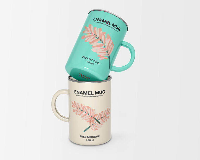 two 450ml enamel mug mockup