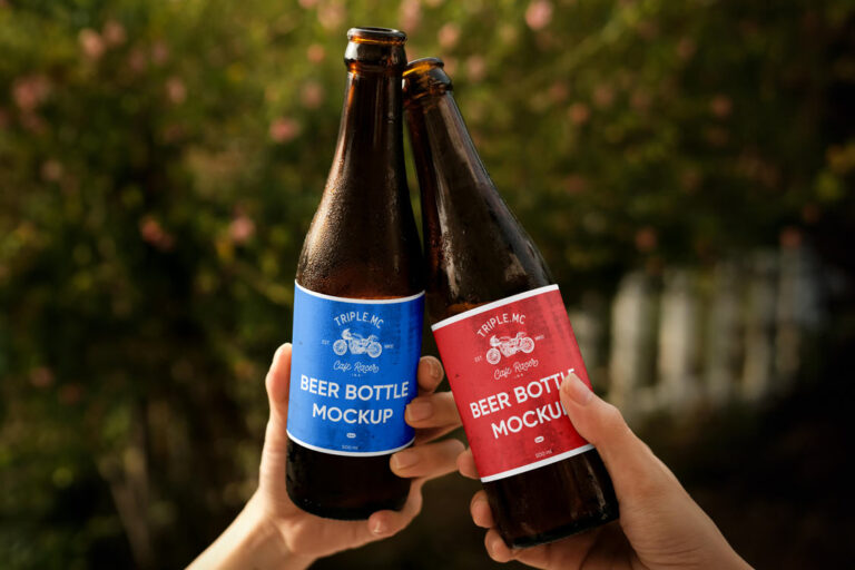 two hand holding beer bottle mockup