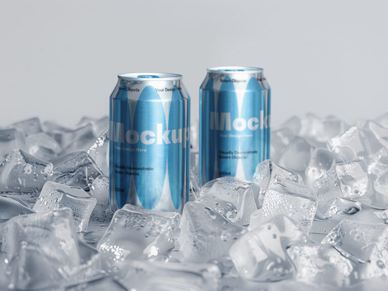 soda can on ice cubes mockup