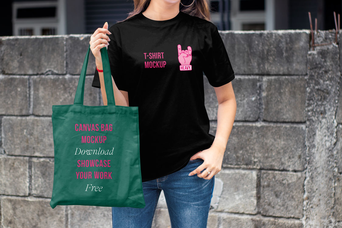 woman t shirt with canvas bag mockup